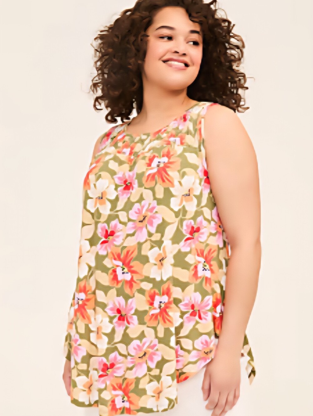Olive Floral Lane Bryant Swing Smocked Tank 26/28 4X